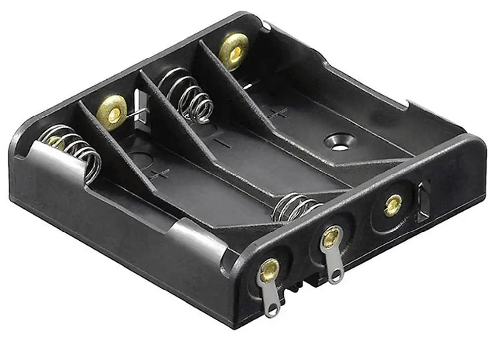 Batteriehalter aus schwarzem Kunststoff von Syr mit Federkontakten zur Aufnahme von Batterien, geeignet für den Einsatz in elektrischen Geräten.